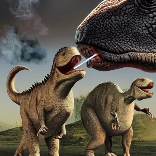 Image similar to dinosaurs smoking cigarettes