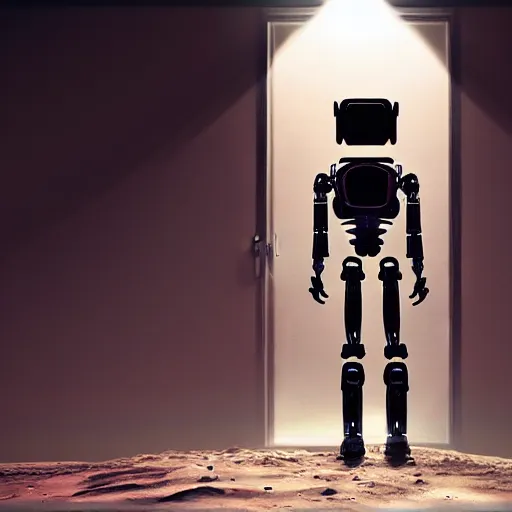 Image similar to realistic robot android on mars, death's door, alone, apocalypse, low power, realistic light and shadow effects