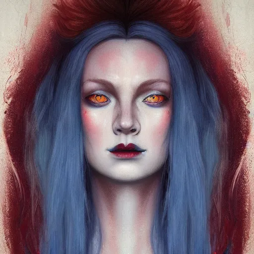 Image similar to A detailed matte oil on canvas head on symmetrical portrait of a distinguished elven woman with red and blue hair on an empty background, by Charlie bowater, Lise Deharme, Wlop, trending on artstationhd, dungeons and dragons art, parted hair , half blue, half red , split dye, critical role