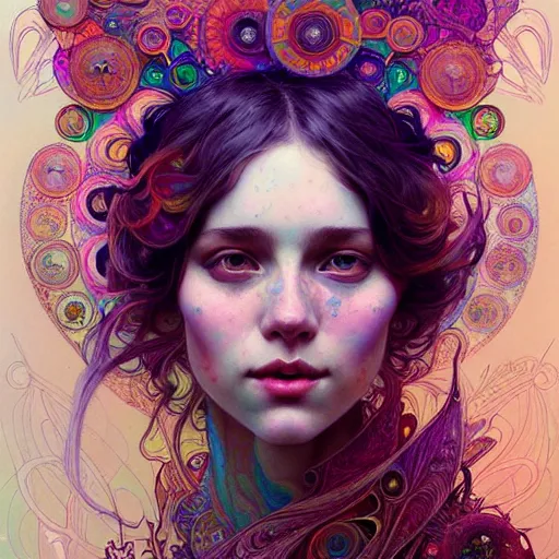 Image similar to A girl having an extremely colorful psychedelic experience, magic mushrooms, psilocybin, face, detailed, intricate, elegant, highly detailed, digital painting, artstation, concept art, smooth, sharp focus, illustration, art by Krenz Cushart and Artem Demura and alphonse mucha