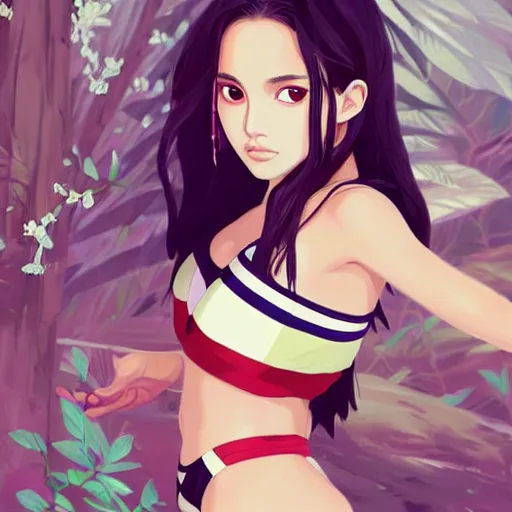 Prompt: a beautiful young japanese natalie portman alluring gravure model, stylized concept art, wearing elegant designer bomber jacket and one piece bikini, bomber jacket with mesoamerican patterns, mesoamerican native street fashion, princess mononoke, painted by ilya kuvshinov aesthetic, gorgeous, stunning, alluring, attractive, artstation, pinterest, digital art