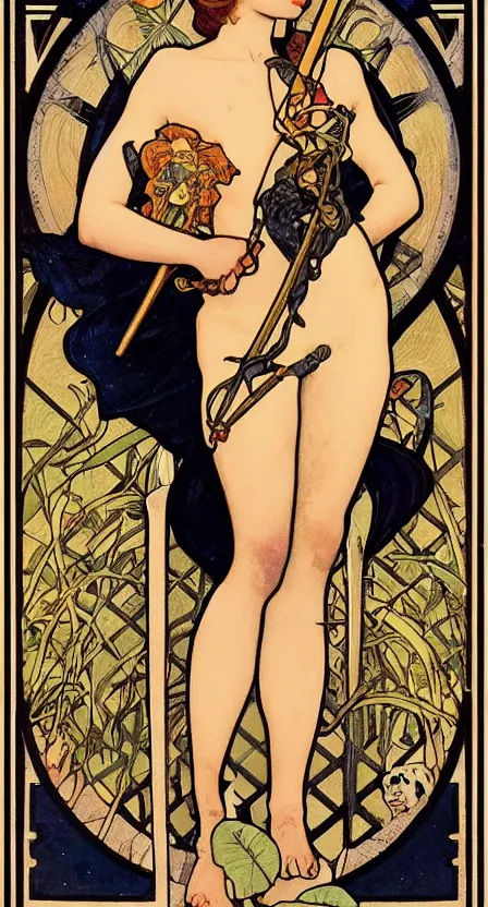 Image similar to a tarot card of death with a scythe, standing on a pile of bones. illustrated in an art deco style by tamara de lempika and an elegant border by alphonse mucha. | studio lighting | digital painting, stunning lighting, trending on artstation