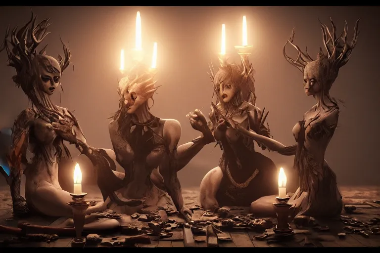 Image similar to dark witches doing a ritual. Ornate details, award winning, Octane render, 4k, 8k, unreal 5, very detailed, hyper control-realism, trending on artstation.”