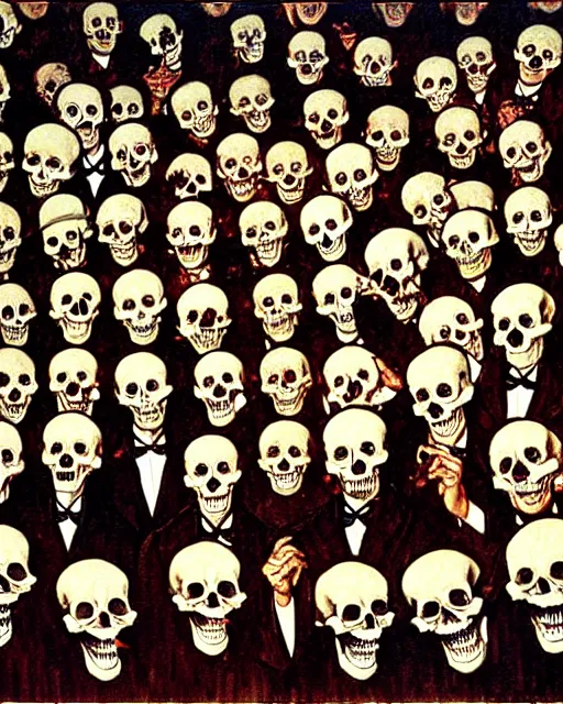 Image similar to oil geometric painting of skull skeletons singing in the choir by norman rockwell