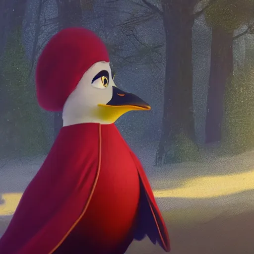 Image similar to a wholesome animation key shot of a black mallard, wearing red cultist robe, pixar and disney animation, sharp, rendered in unreal engine 5, anime key art by greg rutkowski, bloom, dramatic lighting