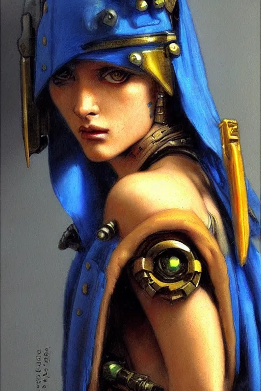 Image similar to full character portrait max mad cyberpunk warhammer 4 0 k, warrior marine the girl with the pearl earring character design, painting by gaston bussiere, katsuya terada, frank frazetta, tom of finland, trending on artstation