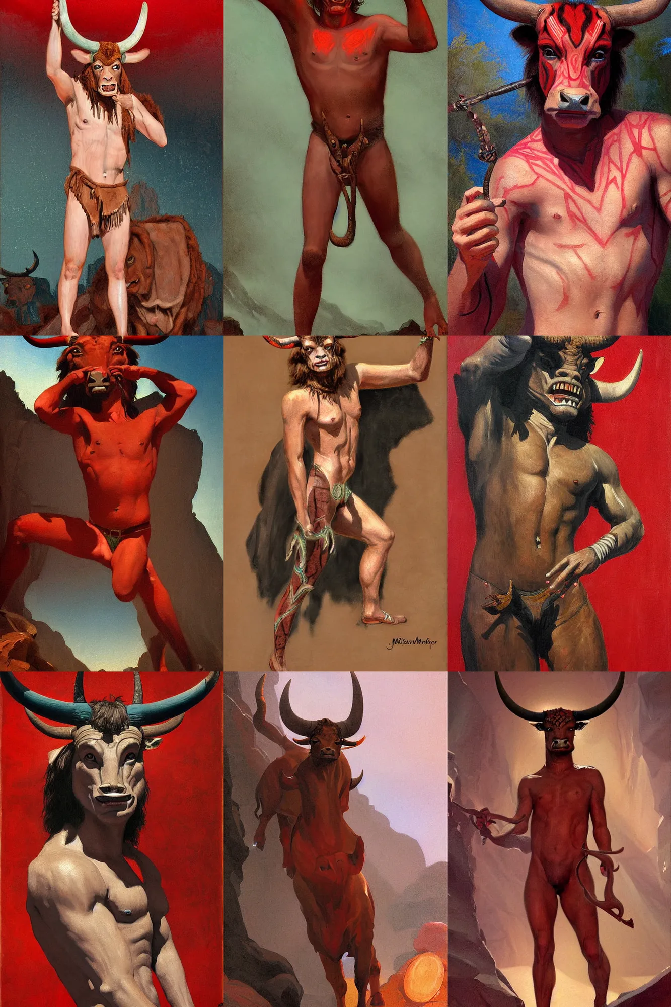 Prompt: midjourney art style art deco shaded painted full body illustration of a male minotaur with glowing tribal skin markings in a dark cave environment with a bovine head, painterly, detailed by solomon joseph solomon and richard schmid and jeremy lipking victorian genre painting portrait painting of mick jagger in fantasy costume, red background by ralph mcquarrie