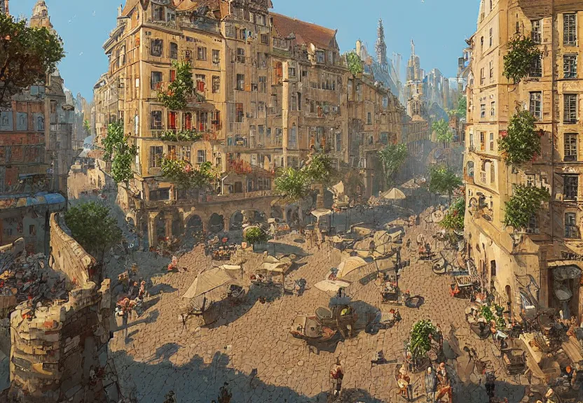 Image similar to pixel art of an old european city, summer season, a realistic digital painting by greg rutkowski and james gurney, trending on artstation, highly detailed