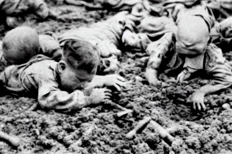 Prompt: newborn baby soldiers crawling, storming normandy, old world war 2 photo, film grain