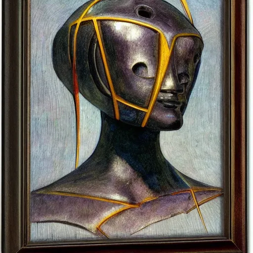 Image similar to the robot in her mechanical mask, by Annie Swynnerton and Diego Rivera, in profile, symbolist, dramatic lighting, elaborate geometric ornament, Art Brut ,god rays, soft cool colors,smooth, sharp focus, extremely detailed, Adolf Wölfli