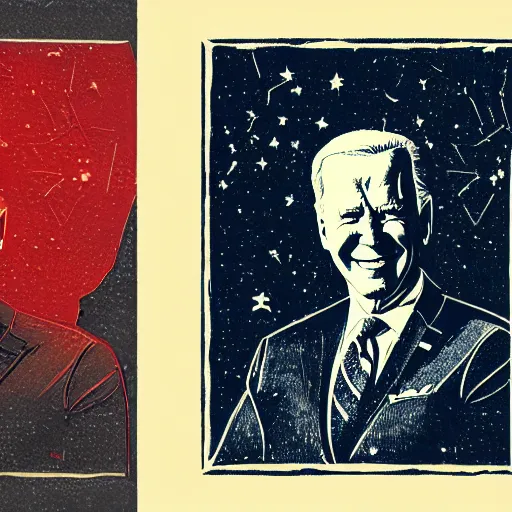 Image similar to Woodcut portrait of joe biden by falling into the stars greg rutkowski, 4k, intricate details