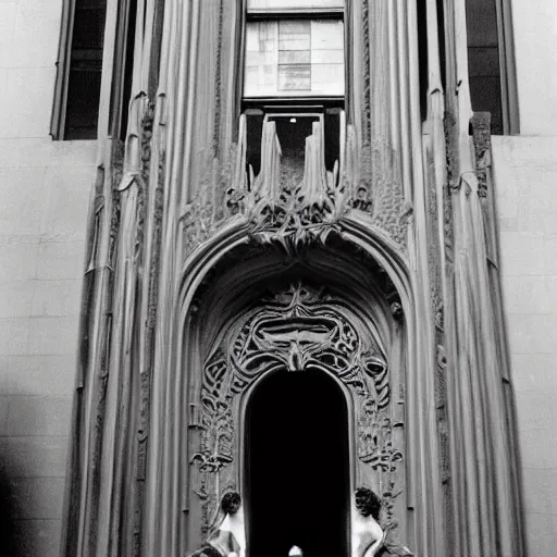 Prompt: detailed professional photographic portrait of Sigourney Weaver wearing a white singlet and her cat moving apartment New York City 1983, gothic building entrance way Art Deco. Giger, cinematic feel, high octane