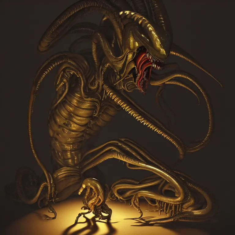Prompt: still life of xenomorph, wide shot, soft glow bloom lucid dream - like ethereal atmosphere, baroque portrait painting, perfect composition, beautiful intricate detailed octane render trending on artstation, 8 k artistic photography, volumetric cinematic perfect light, chiaroscuro, masterpiece, raphael, caravaggio, rutkowski, beeple, beksinski