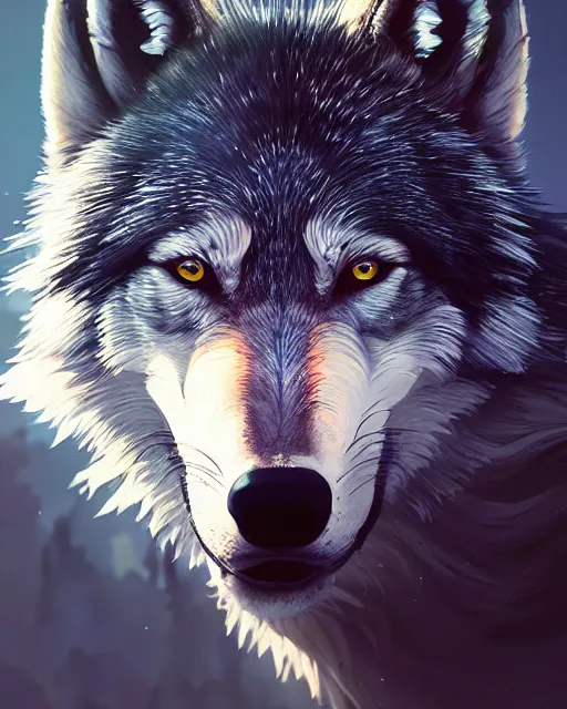 Image similar to highly detailed vfx portrait of a ferocious wolf, stephen bliss, unreal engine, greg rutkowski, loish, rhads, beeple, makoto shinkai and lois van baarle, ilya kuvshinov, rossdraws, tom bagshaw, alphonse mucha, global illumination, detailed and intricate environment