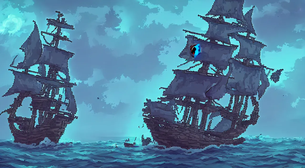 Image similar to Pixelart of a ghost pirate ship with a Jolly Roger flag, volumetric lighting, digital pixel art, pixiv, by Aenami