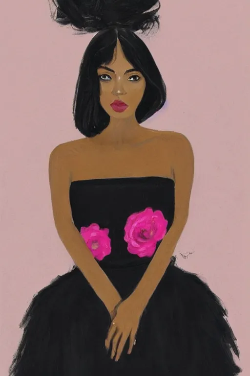 Image similar to a portrait of a beautiful woman that has a black hair, tan skin and is wearing a beautiful black and pink dress