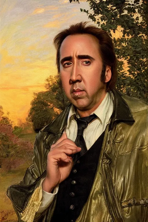 Image similar to Nicolas Cage, golden hour, in a garden, artstation, by J. C. Leyendecker and Peter Paul Rubens,