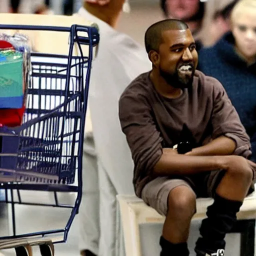 Prompt: kanye west sitting in a shopping cart grinning