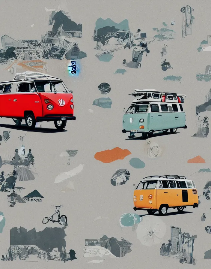 Image similar to vw camper touring rural japan, a collage painting, in the style of wes anderson, lola dupre, david hockney, isolated on negative white space background dark monochrome fluorescent spraypaint accents volumetric octane render, no double figure