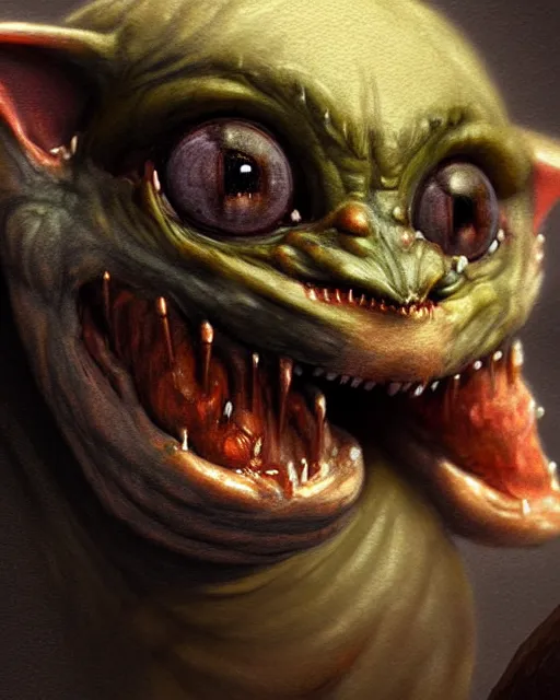 Image similar to closeup profile face portrait of a medieval gremlin eating cakes in the cathedral, beautiful face, hyper realistic, highly detailed, digital painting, artstation, illustration, concept art by hyung tae, frank frazetta, bosch, giger, digital paint, matte paint, washed colors, dark, gloomy, detailed and intricate environment