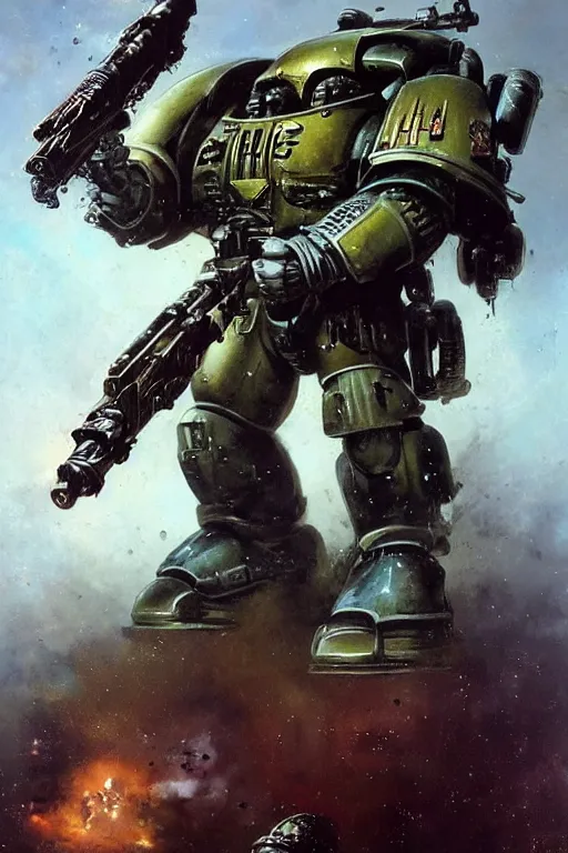 Image similar to to a space marine the boltgun is far more than a weapon, it is an instrument of mankind's divinity, the bringer of death to his foes, whose howling blast is a prayer to the gods of battle., by ryohei hase, by john berkey, by jakub rozalski, by john martin