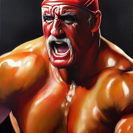 Image similar to wrestler hulk hogan, photorealistic, ring of fire, painted by phil hale