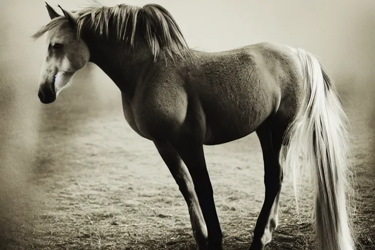 Prompt: Fluttershy equine, view from behind, pony facing away, professional photography and mood lighting, equine photo, sitting down, flowing mane and tail, relaxed expression