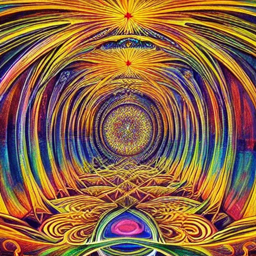 Prompt: beautiful painting of the inside of a dmt cathedral filled with magical energy and infinite rooms by moebius and alex grey