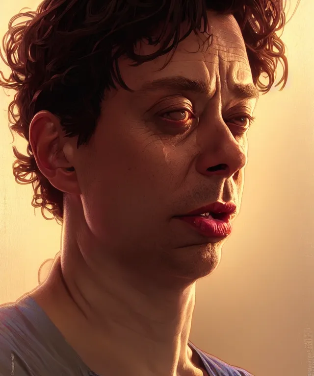 Prompt: portrait of chris kattan strung out on surge, posed, intricate, headshot, highly detailed, digital painting, artstation, concept art, sharp focus, cinematic lighting, illustration, art by artgerm and greg rutkowski, alphonse mucha, cgsociety