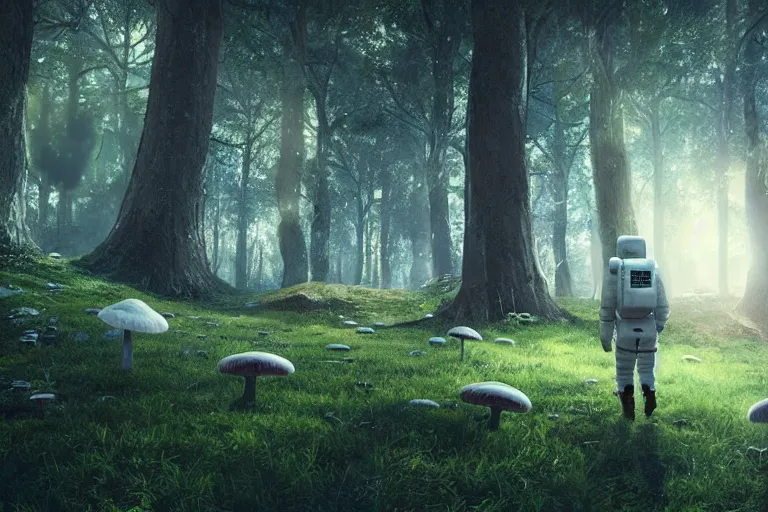 Image similar to An astronaut walking in an enchanted forest. Glowing mushrooms. Cinematic lighting. Photorealism.