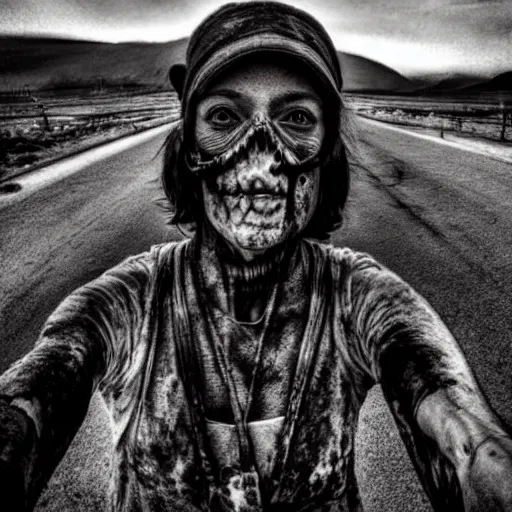 Image similar to humans last selfie, post apocalyptic, award winning, horror