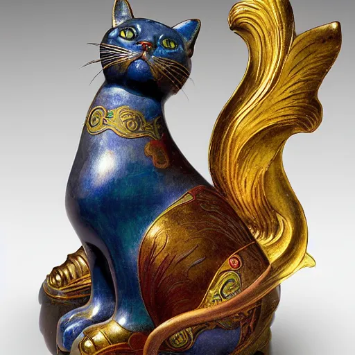 Prompt: masterpiece mechanical cloisonne cat sculpture, by annie swynnerton and diego rivera and nicholas roerich and jean delville and charlie bowater, symbolist, dramatic lighting, god rays, art brut, rich colors, smooth sharp focus, extremely detailed, adolf wolfli and ( donato giancola and bilibin )