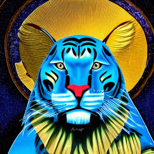 Image similar to church painting of the god of nature, the blue panther, with golden nimbus, digital art