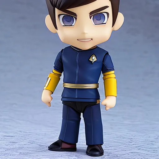 Image similar to spock from the tv series star trek, serious look, pointed ears, spock haircut, as an anime nendoroid, starfleet uniform, detailed product photo