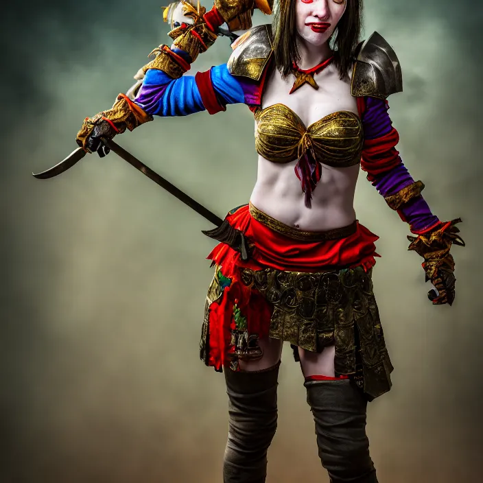 Image similar to full body photo of a real - life beautiful female jester warrior, 8 k, hdr, smooth, sharp focus, high resolution, award - winning photo