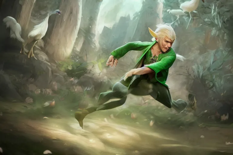 Prompt: a blonde male elf wearing a green tunic running away in terror from a huge flock of furious white chickens , made by Stanley Artgerm Lau, WLOP, Rossdraws, ArtStation, CGSociety, concept art, cgsociety, octane render, trending on artstation, artstationHD, artstationHQ, unreal engine, 4k, 8k,