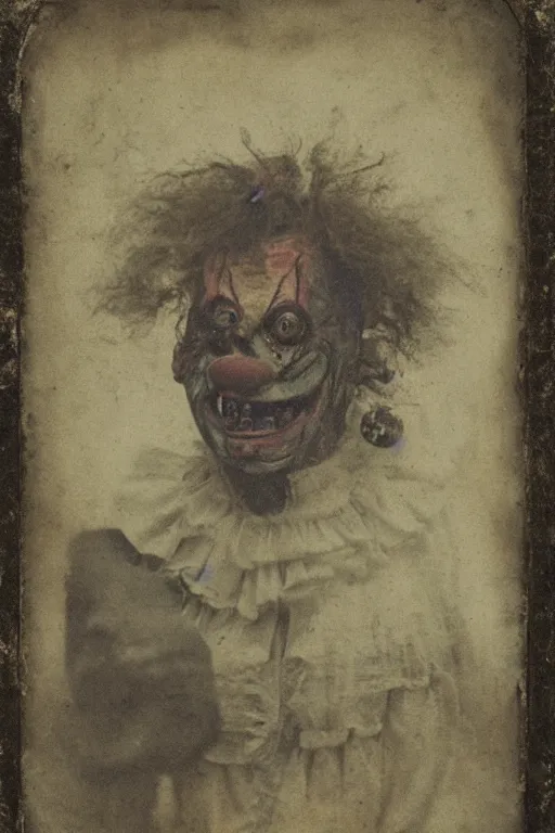 Prompt: faded daguerreotype portrait of disturbing haunted demonic abomination clown body horror