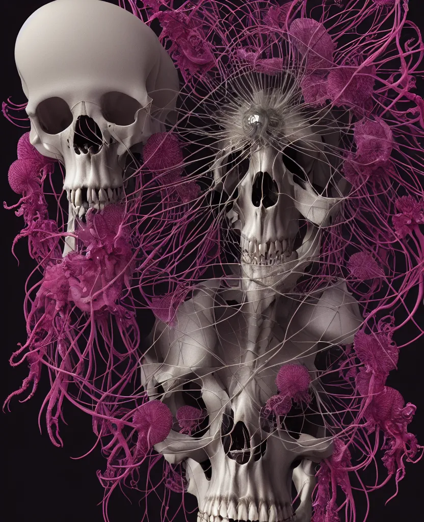 Image similar to symmetry!! goddess close - up portrait human skeleton, ram skull, squid phoenix jellyfish, orchid, betta fish, bioluminiscent, intricate artwork by tooth wu and wlop and beeple. octane render, trending on artstation, greg rutkowski very coherent symmetrical artwork. cinematic, hyper realism, high detail, octane render, 8 k