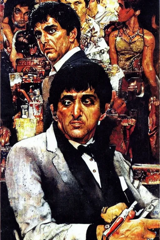 Prompt: Tony Montana from Scarface painted by Norman Rockwell