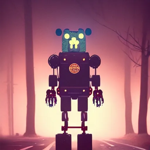 Image similar to a giant freddy fazbear robot animatronic bear in the middle of a foggy street, award - winning art by simon stalenhag, trending on artstation