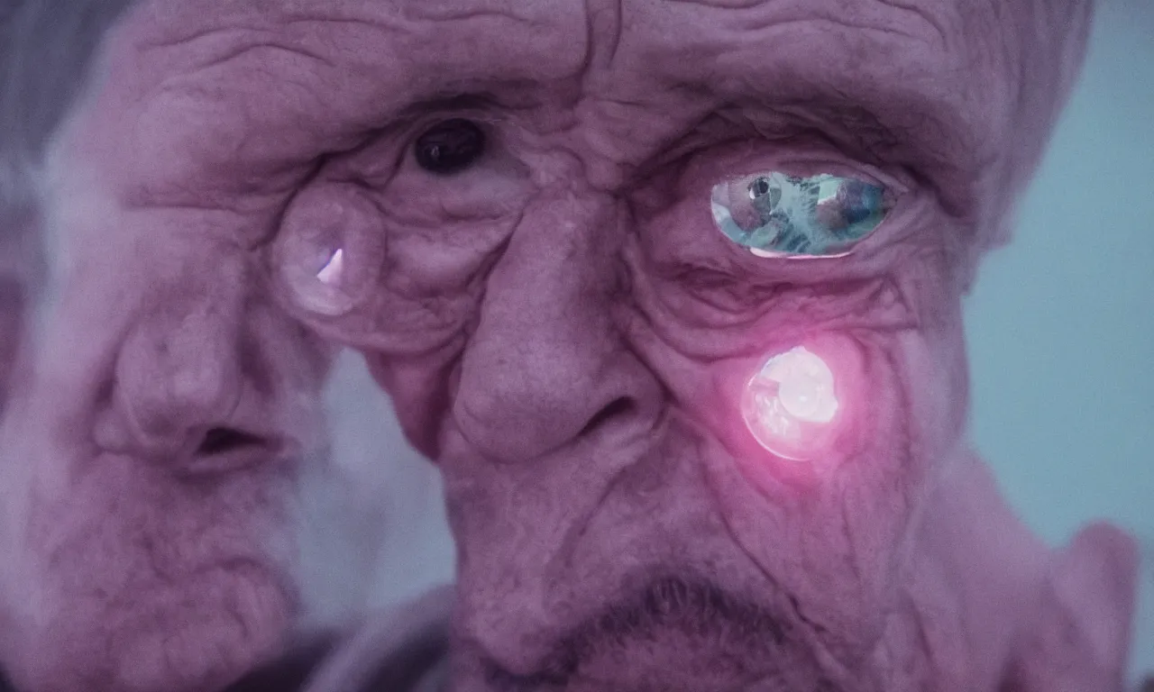Image similar to a photo of an old man drowning in purple light looking sad with a zoomed in fish eye lens, photorealistic, 4 k, 8 k, ultra hd.
