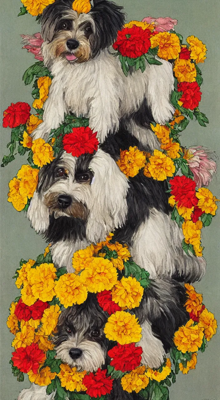 Image similar to portrait of a cream colored havanese dog dressed as an aztec, with a bouquet of marigolds, mexico, painting by diego rivera realism aztec modernism 1 9 3 5