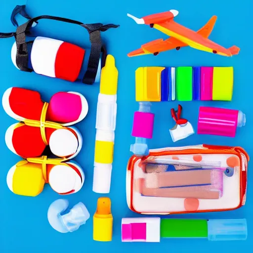 Prompt: travel activity kits for the children with toys and markers isolated on the white background photo quality amazon ebay