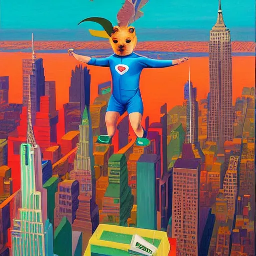 Prompt: a detailed painting of an adorable capybara superhero flying above new york by casey weldon, new contemporary art, colorful