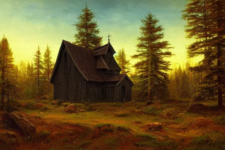 Image similar to small black wooden stave church in the distance in pine forest, very detailed, focused, oil painting, colorful, cinematic lighting, canvas, artstation, Albert Bierstadt, Hermann Hendrich