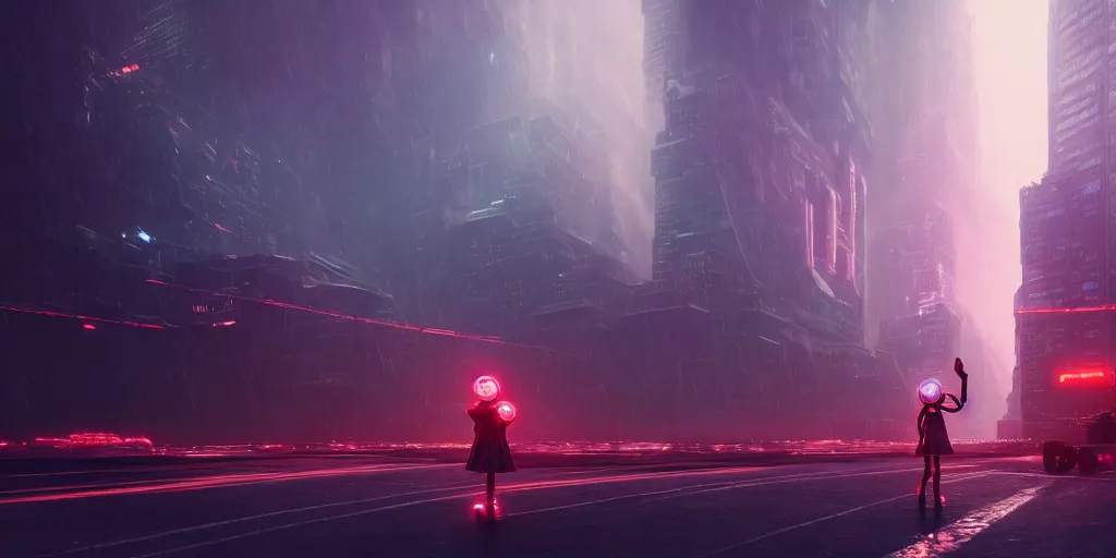 Image similar to sci - fi scene future new york, little girl holding the hand of a big robot mecha, forest punk, environmental lighting, stormy weather, ray tracing, amazing view, highly detailed, heavy traffic, neon shops, octane render, unreal engine 5, 4 k, concept art masterpiece