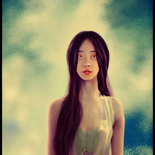 Image similar to a thin, pretty young Filipino woman with long hair floats in a dreamy world, very beautiful, inspiring, abstract digital art, trending on artstation