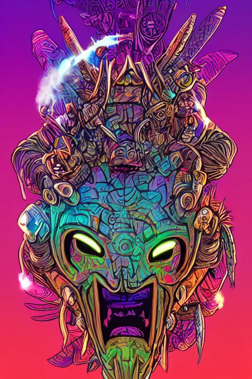 Image similar to totem animal tribal chaman vodoo mask feather gemstone plant video game illustration vivid color borderlands by josan gonzales and dan mumford radiating a glowing aura