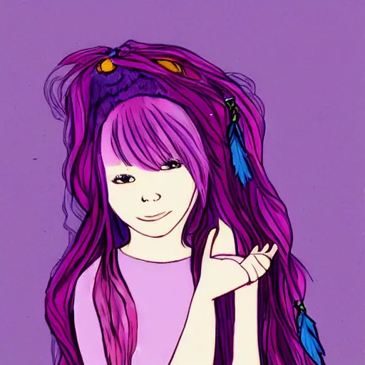 Image similar to little girl with eccentric pink hair wearing a dress made of purple feather, art by dcwj