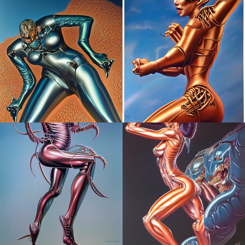 Prompt: hyperdetailed airbrush painting of a snarl made of female android legs and arms, by hajime sorayama and boris vallejo